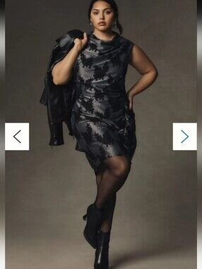 Anthropologie Maya Cowl Neck Black & Gray Floral Sheath Dress With Lace Overlay